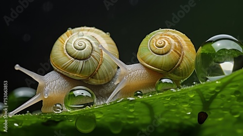 Two snails on a green leaf with drops of dew. Wildlife Concept with Copy Space. 