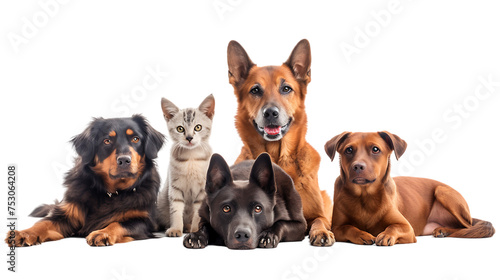 Group of pets together over white banner isolated on transparent background