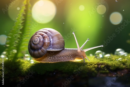 snail on green moss with bokeh background. Wildlife Concept with Copy Space. 