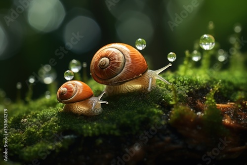 Snail on a green leaf with water drops on a dark background. Wildlife Concept with Copy Space. 