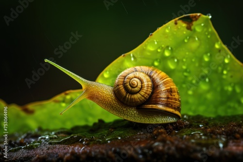 Snail crawling on a green leaf in the rain, close up. Wildlife Concept with Copy Space.  © John Martin