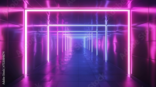 abstract background of futuristic corridor with purple and blue neon lights