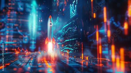 A 3D rendering of a rocket with a Bitcoin logo ascending on a dynamic stock market chart background. Generative ai