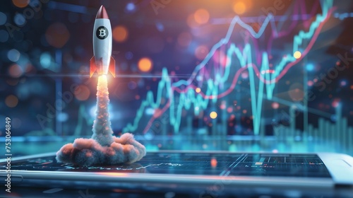 A 3D rendering of a rocket with a Bitcoin logo ascending on a dynamic stock market chart background. Generative ai