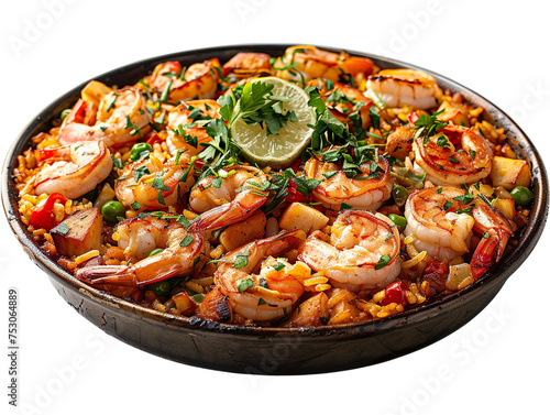 Paella with shrimps isolated on white background