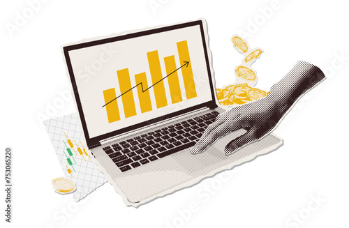 Minimalist collage with halftone hands paper torn put stickers. Punk metaphor concept of Finance-themed banner with growing stock money and profit cash. Cutouts magazines elements. Vector