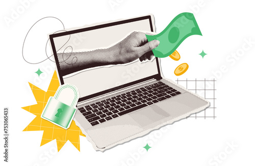 Trendy Halftone Safe Online Payments Halftone Collage. Hand from computer monitor holds money. Financial transactions and investments. Currency exchange concept. Y2k vector illustration