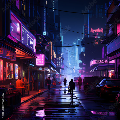 Cyberpunk street scene with neon lights.