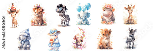 Adorable Watercolor Illustrations of Baby Animals in Festive Attire, Perfect for Nursery Decor, Children’s Books, and Celebratory