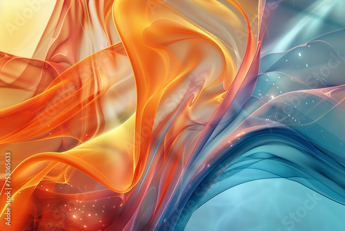 Trendy liquid 3D illustration background of orange teal blue waves, modern flowing gradient abstract, wallpaper banner with copy space for branding and product presentation, institution talks web photo