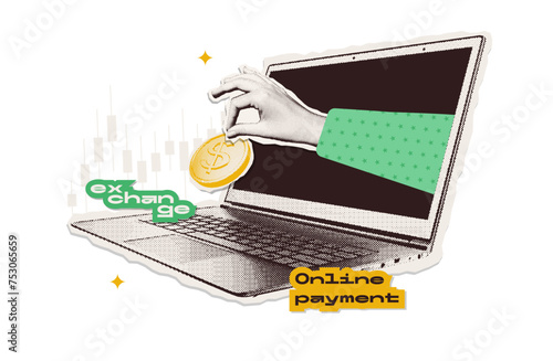 Halftone collage with investing or crowd funding concept. Vintage papers stickers with online payment metaphor. Hand with gold dollar sticking out of laptop screen. Vector illustration