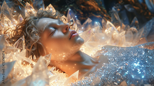 A beautiful young girl of twenty years old in a silver dress lies asleep on a bed among ice crystals