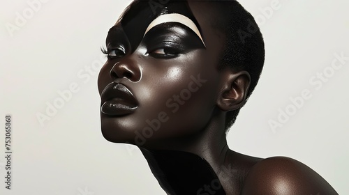 Avant-Garde Beauty with Striking Black Makeup Dramatic fashion portrait of an African woman with bold black makeup and glossy skin against a neutral background.