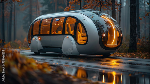 A futuristic self-driving pod vehicle cruising along a wooded road during the fall season, highlighting modern transportation advancements. © visual artstock