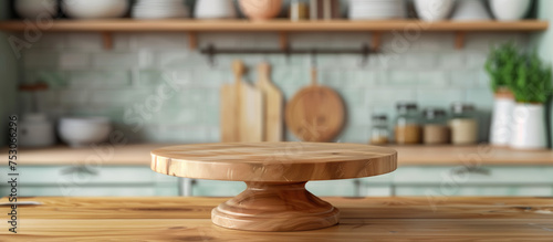 Wooden pedestal on table in kitchen interior and free space