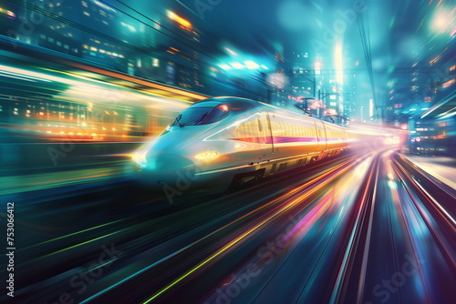 View of fast train at the night in the city, blured lights, Urban railway transport, fast subway © maciej