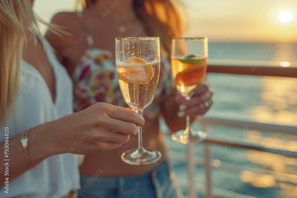 Cheering with cocktails, group of friends relaxing on luxury yacht at sunset, drinking cocktails. Boat party, clinking glasses, boat trip, cruise ship. Luxury lifestyle, summer vacation concept Cheering with cocktails, group of friends relaxing on luxury yacht at sunset, drinking cocktails. Boat party, clinking glasses, boat trip, cruise ship. Luxury lifestyle, summer vacation concept