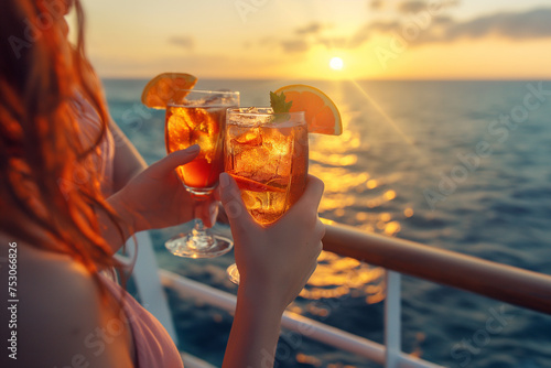 Cheering with cocktails, group of friends relaxing on luxury yacht at sunset, drinking cocktails. Boat party, clinking glasses, boat trip, cruise ship. Luxury lifestyle, summer vacation concept