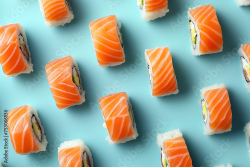 Sushi rolls pattern top view isolated on pastel background. Assorted tasty sushi rolls, Japanese cuisine, traditional delicious Japanese dish