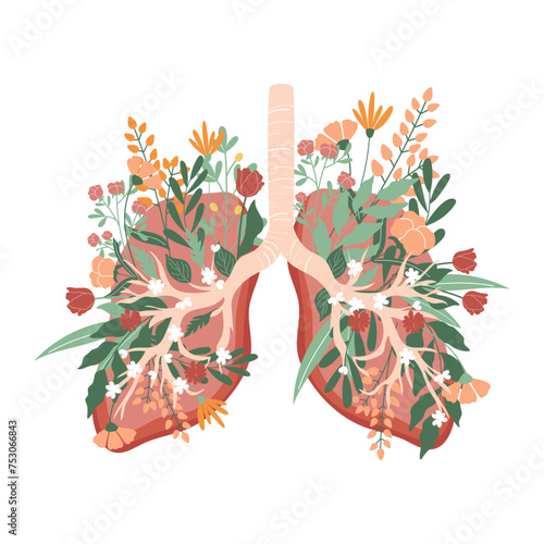 Colourful illustration of human lungs full of flowers and leaves. No tobacco day handdrawn vector concept.