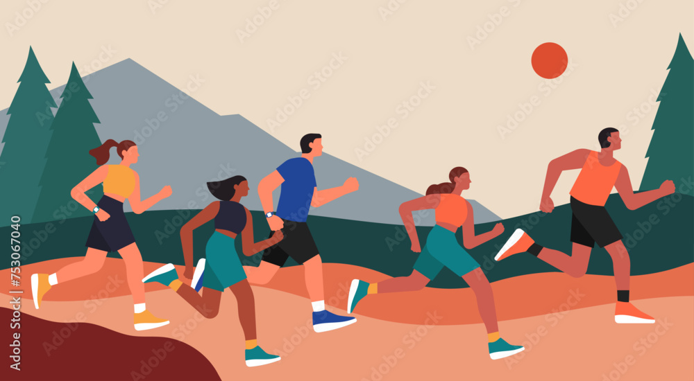 Group of People Running on the Mountain Path, Extreme Sport and Outdoor Activity Concept, Vector Flat Illustration Design - obrazy, fototapety, plakaty 