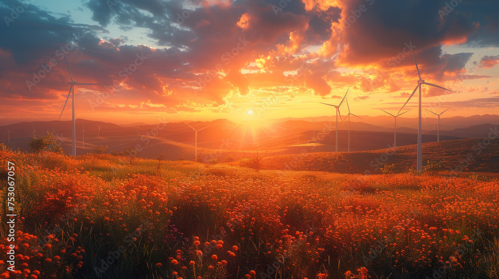 Wind turbines farm at beautiful orange sunset. - obrazy, fototapety, plakaty 