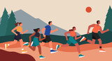 Group of People Running on the Mountain Path, Extreme Sport and Outdoor Activity Concept, Vector Flat Illustration Design