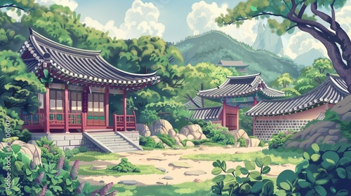  Chinese Korean traditional architecture  characterized by curved roofs and graceful eaves  intricately painted panels depicting mythical creatures and floral patterns