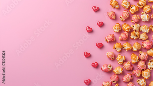 Love movies concept. Colorful Popcorn on pink background heart shaped top view, copy space for text. Cinema snack concept. Generative AI