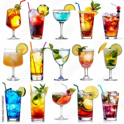 Collage set of different types alcoholic and non-alcoholic cocktails, drinks, on white background, 3d rendering. Cafe bar menu. Generative AI