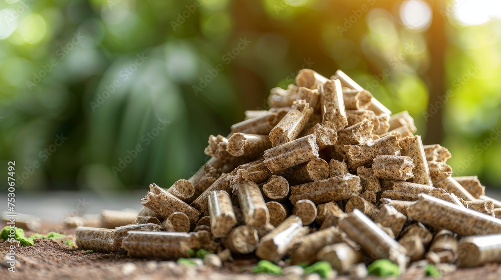 Biomass wood pellets stack with woodpile on blurred background, copy space for text. Biomass wood pellets stack with woodpile on blurred background, copy space for text.