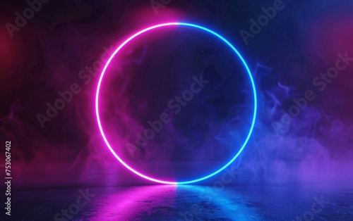 Neon circle frame blue and pink light dance isolated black backdrop