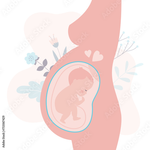 Human unborn baby fetus in mother's belly. Happy pregnant woman. Pregnancy concept. Baby in womb. Pregnancy and health of mother  and baby inside.