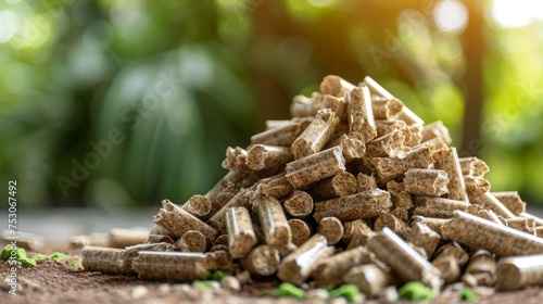 Biomass wood pellets stack with woodpile on blurred background, copy space for text.