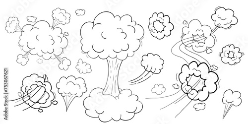 Comic motion effect, clouds speed way, trail set fast wind swirl, puff poof elements isolated on white background. Blow explosion