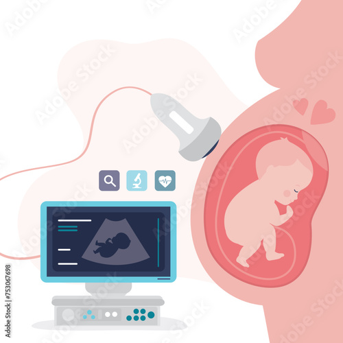 Ultrasound pregnancy screening concept. Scanning young mother belly. Embryo baby health diagnostic. Human unborn baby fetus in mother's belly. Pregnancy concept.