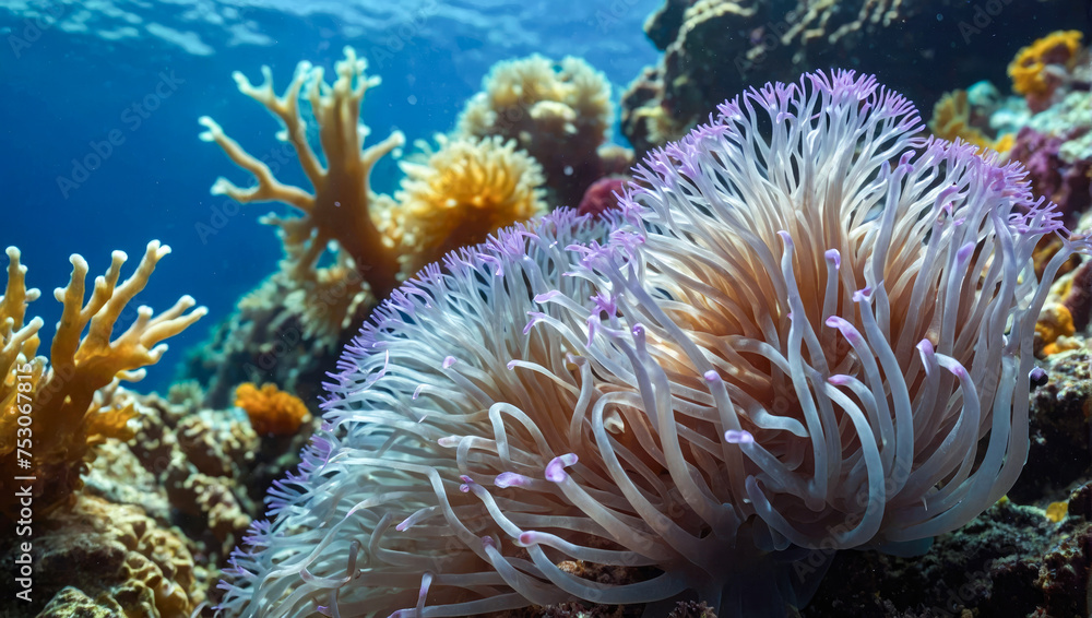 close-up of an anemone with a thousand delicately colored tentacles under the surface of the sea close-up of an anemone with a thousand delicately colored tentacles under the surface of the sea