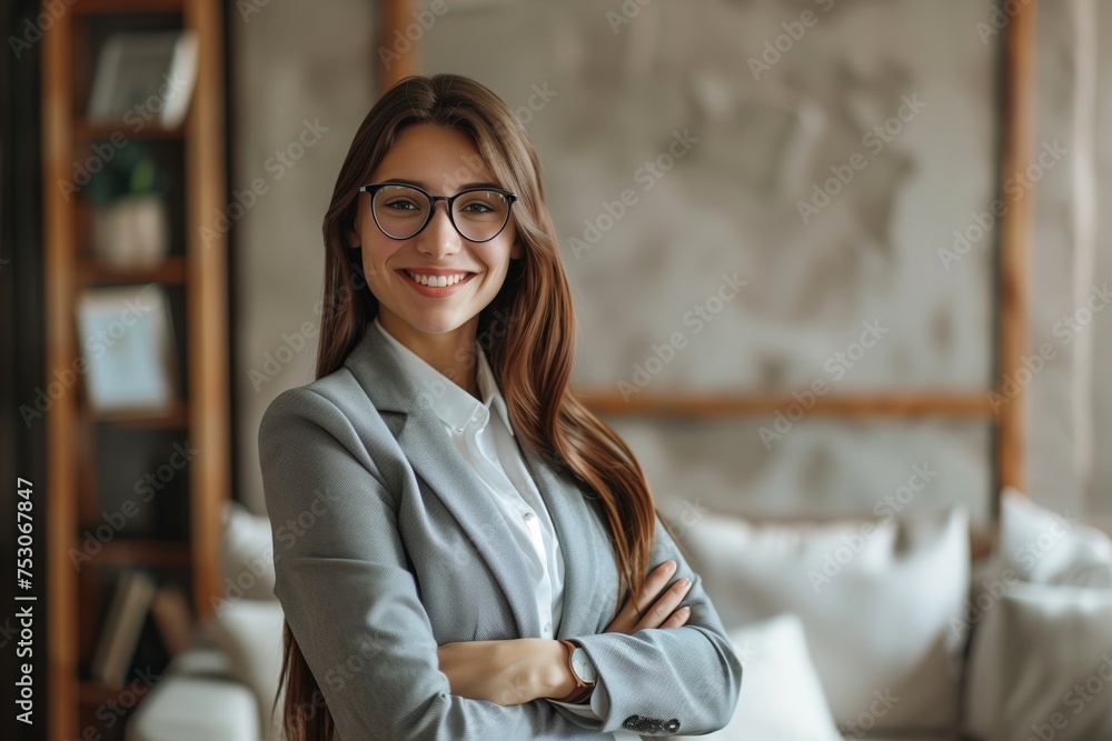 Chic Businesswoman with Glasses in Modern Office Chic Businesswoman with Glasses in Modern Office