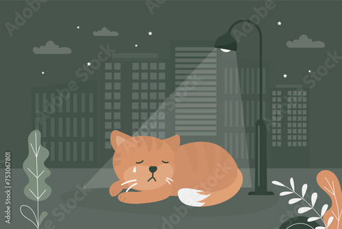 Unhappy cat sleeping on street. Banner or poster about pet adoptation. Animal care, protection, adoption. Help homeless animals find home concept. Lonely cat waiting for an owner