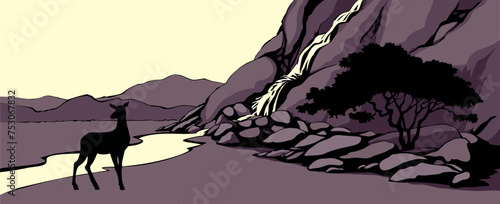 Vector landscape. Deer near a mountain stream