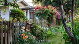  Greenery in an old suburban community outside Los Angeles, California, with sprawling front yards boasting vibrant gardens filled with roses, daisies, and bougainvillea