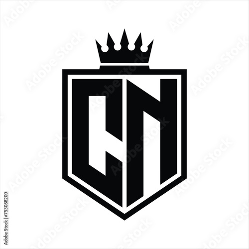 CN Logo monogram bold shield geometric shape with crown outline black and white style design