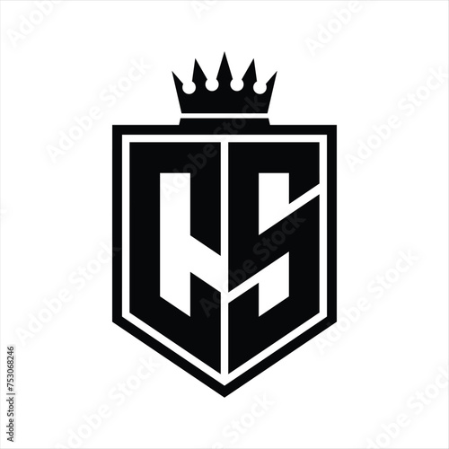 CS Logo monogram bold shield geometric shape with crown outline black and white style design