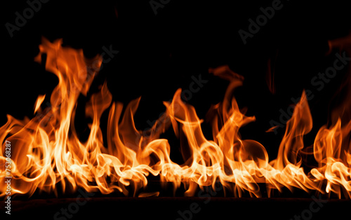 firestorm. Fire burning. Bright burning flames on a black background. Wall of Real fire, abstract background. Fire flames, isolated on dark background