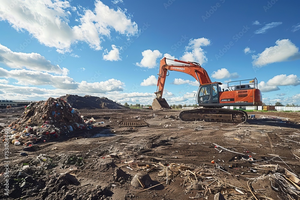 excavator stands on a large garbage dump excavator stands on a large garbage dump