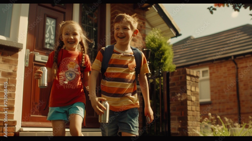 boy and girl leaving front door wearing football kits. smiling. Holding flasks. modern Irish housing estate. Close ups. candid, summer, vibrant