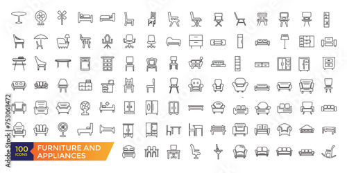 Furniture and home appliances flat line icons set. Kitchen, bedroom, sofa table, bookcase closet, chair, mattress, lamps, ladder vector illustrations.