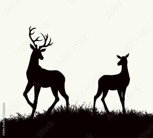 Silhouette of deer in the grass by the oaks. Vector drawing