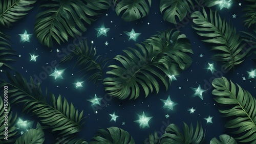 abstract background _ A dark blue space background with green tropical leaves. The leaves are arranged  