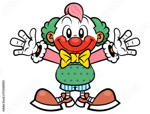 Funny Clown cartoon character greeting audience at birthday party. Best for mascot, logo, and sticker with birthday themes for kids